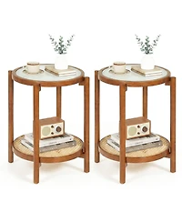 Gymax Room > End and Side Tables 2PCS Round Table w/Tempered Glass Top Storage Shelf Acacia Wood Legs