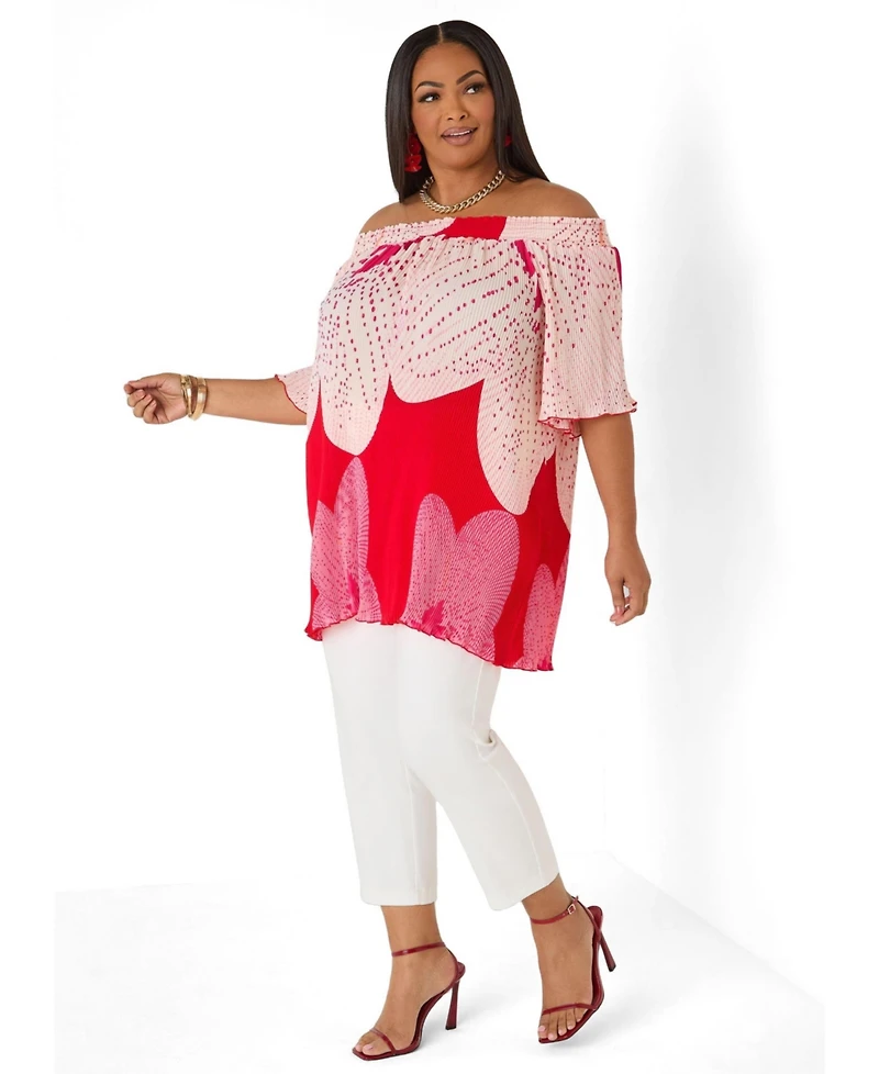 Ashley Stewart Women's Off The Shoulder Floral Plisse Top