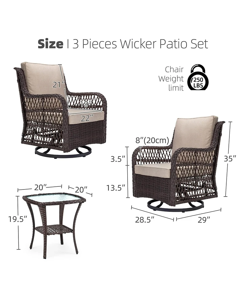 homfan Wicker Swivel and Glide Patio Chair Set with Cushions and Tempered Glass Side Table Durable Outdoor Seating for Porch or Backyard
