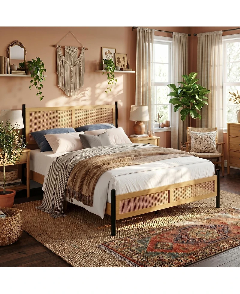Gaomon Rattan Bed Frame with woven headboard and footboard, sturdy slatted support, no box spring needed, perfect for bedroom