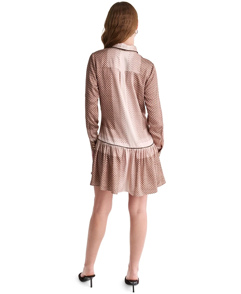 Bcbg Women's Geometric Print Tie-Neck Long-Sleeve Drop-Waist Dress