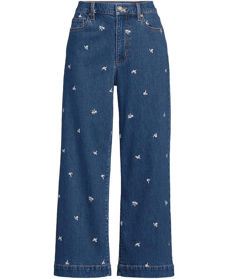 Lands' End Women's Soft Denim High Rise Embroidered Wide Leg Crop Jeans