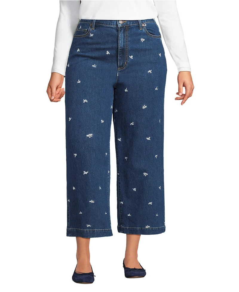 Lands' End Women's Soft Denim High Rise Embroidered Wide Leg Crop Jeans