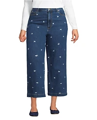Lands' End Women's Soft Denim High Rise Embroidered Wide Leg Crop Jeans