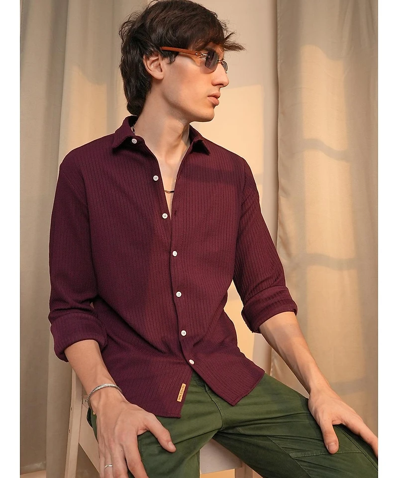 Campus Sutra Men's Maroon Red Stripe-Creased Shirt