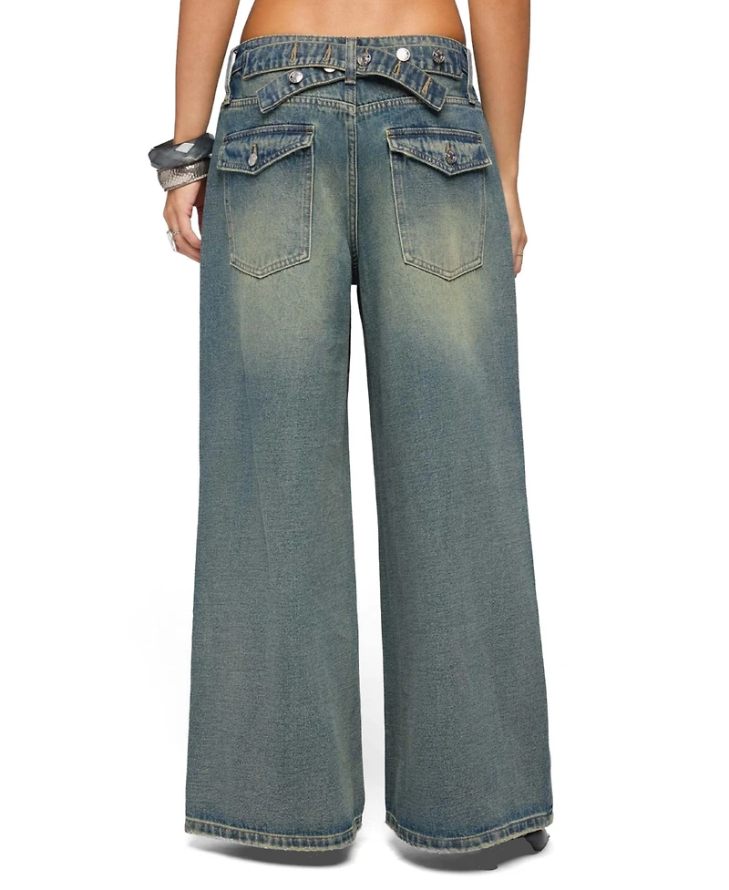 Edikted Women's Adjustable Button Low Rise Baggy Jeans