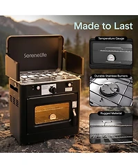 SereneLife 3-in-1 Camping Stove Oven Combo - Outdoor Camp Oven with 2 Burners, Piezo Ignition and Temperature Control