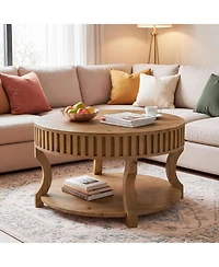 Tribesigns 31.5-In Round Coffee Table, Farmhouse 2-Tier Center Table with Storage, Fluted Solid Wood Cocktail Table for Living Room