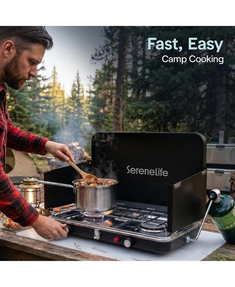 SereneLife 2 Burner Propane Camping Stove - 24,400 Btu Portable Camp Stove with Wind Guards and Push Button Ignition