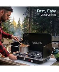 SereneLife 2 Burner Propane Camping Stove - 24,400 Btu Portable Camp Stove with Wind Guards and Push Button Ignition