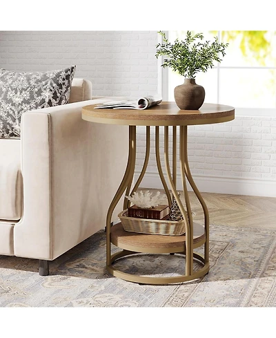 Tribesigns Round Side End Table: 2-tier modern bedside table with metal frame, Small nightstand with storage for couch side, living room