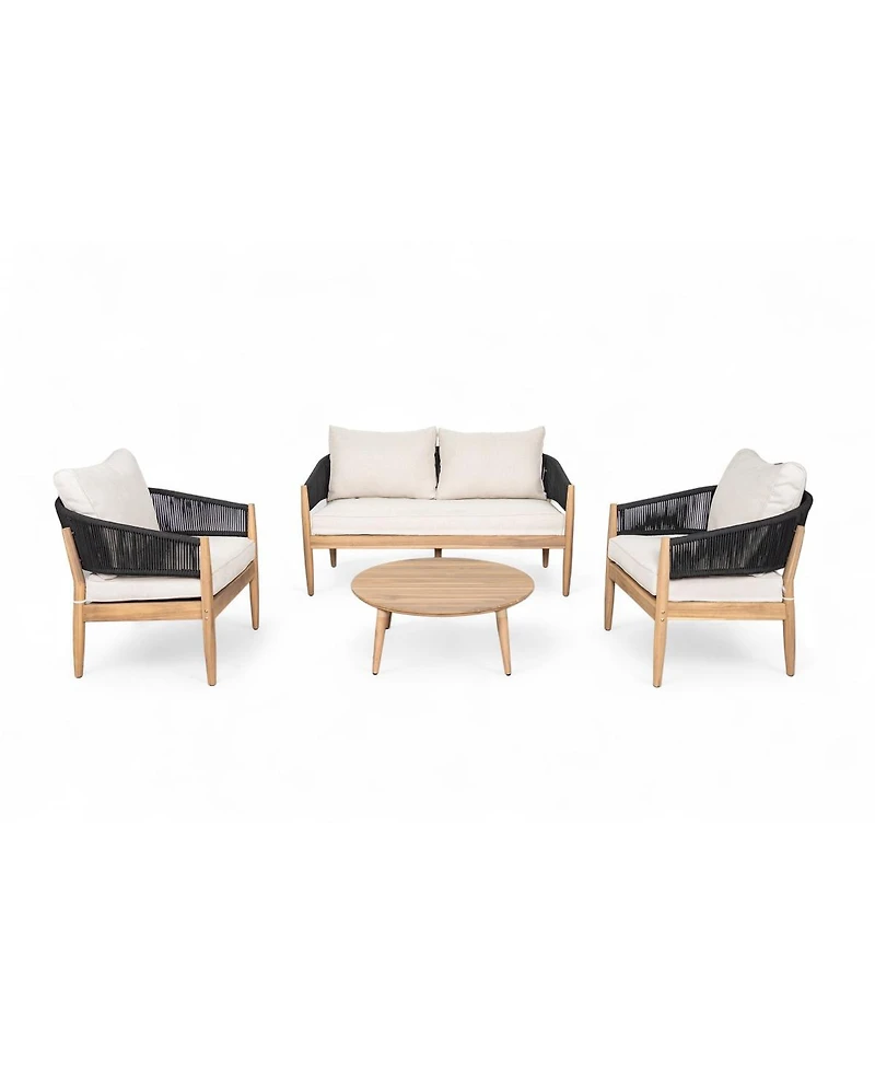 Asagikoiai 4-Piece Boho Acacia Wood Outdoor Patio Furniture Set with Rope Chairs, Loveseat and Table