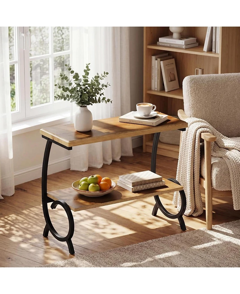 Tribesigns 2-Tier End Table: Narrow couch side table with J-shaped metal legs. Farmhouse bedside nightstand for living room, bedroom