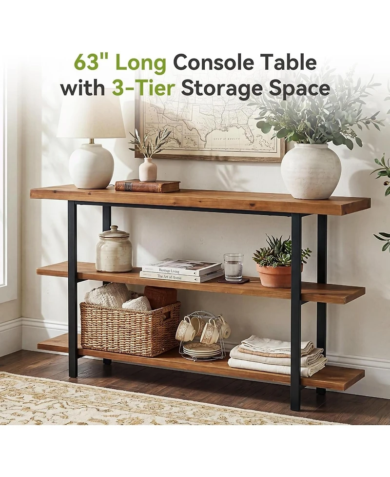 Tribesigns 3-Tier Solid Wood Console Table, 63-Inch Farmhouse Entryway Table, Narrow Sofa Table Behind the Couch