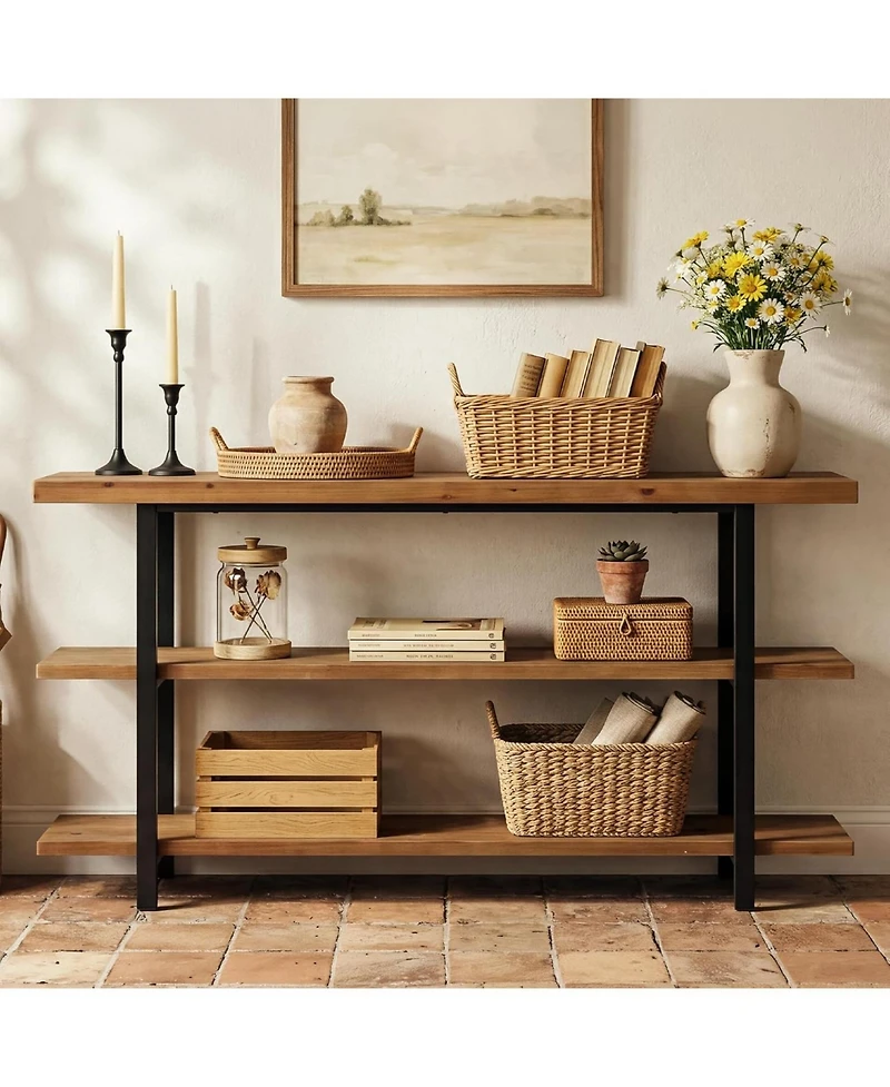 Tribesigns 3-Tier Solid Wood Console Table, 63-Inch Farmhouse Entryway Table, Narrow Sofa Table Behind the Couch
