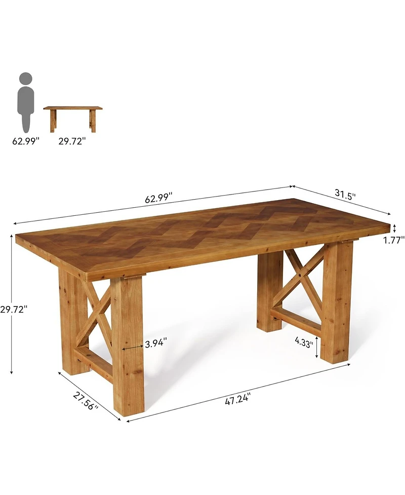 Tribesigns 63-Inch Farmhouse Dining Table for 4-6, Solid Fir Wood Kitchen Table with Parquet Top and X-Shaped Legs, for Dining Room, Living Room