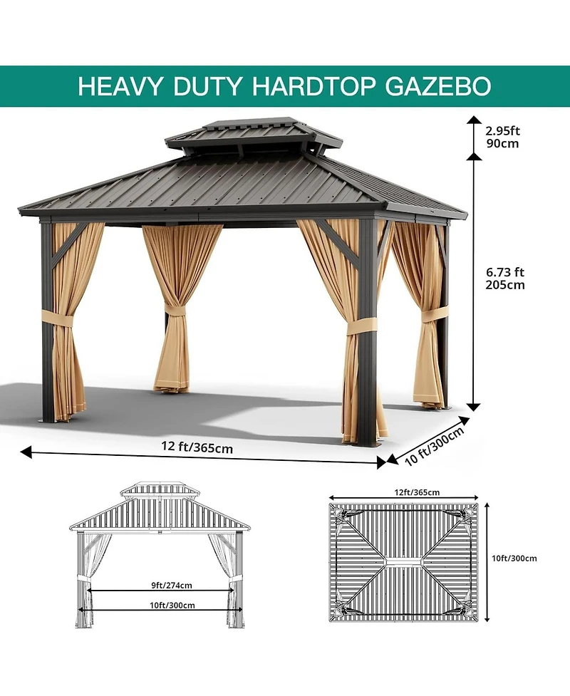 gaomon Gazebo Hardtop Gazebo with Double Roof, Aluminum Pergola with Aluminum Frame, Netting and Curtains, Outdoor Gazebos Canopy for Patio