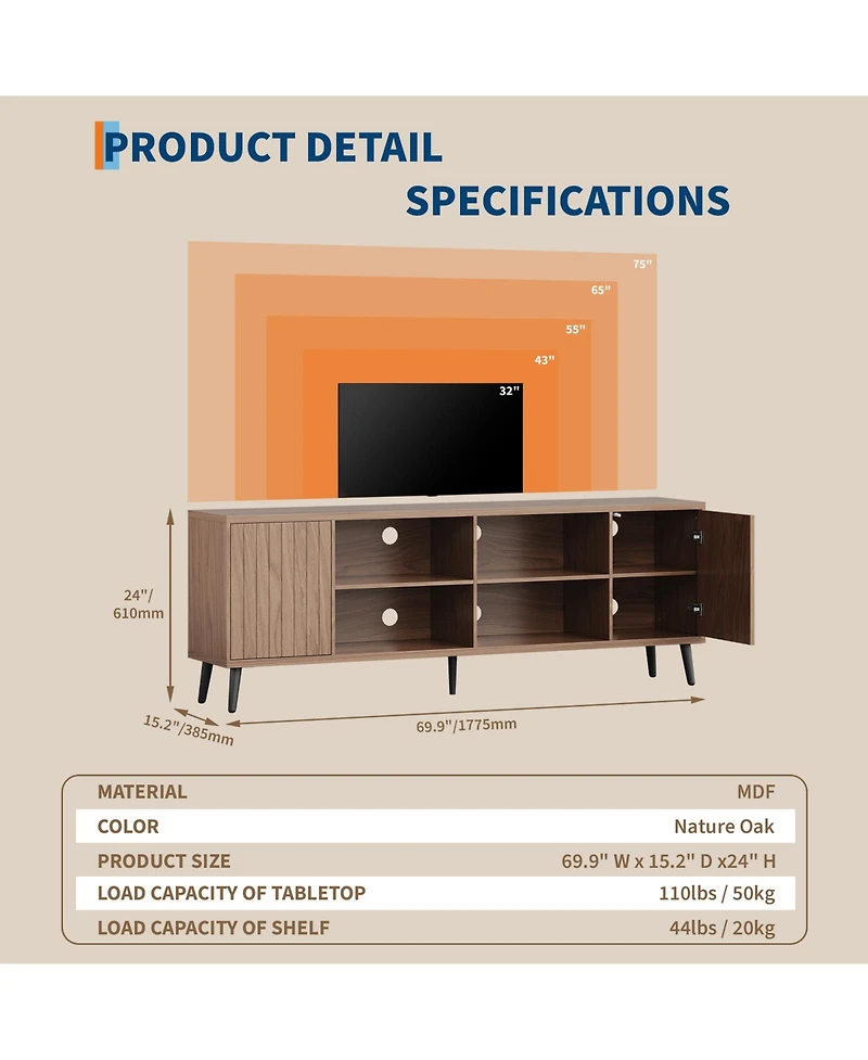 homfan Mid Century Tv Stand Wood Entertainment Center with Fluted Doors and Adjustable Shelves for TVs Up to 75", Living Room