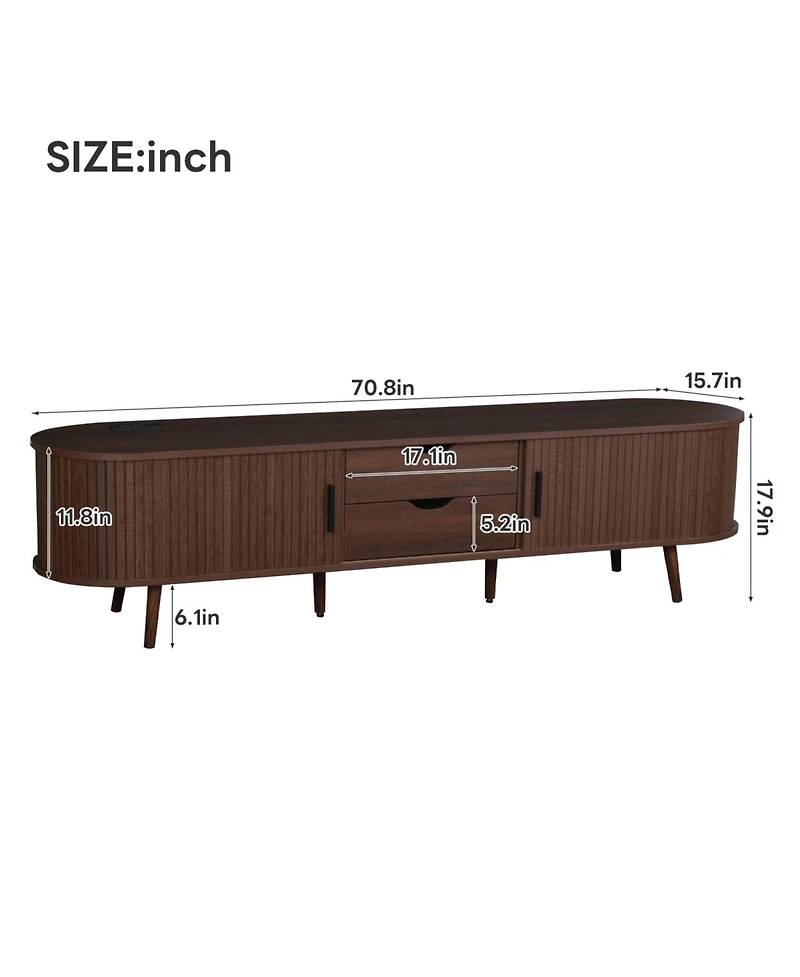 Rainsken 70 Inch Mid Century Modern Tv Stand, for 80 Inch Tv, with Power Outlet and Sliding Door, for Living Room, Bedroom