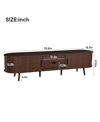 Rainsken 70 Inch Mid Century Modern Tv Stand, for 80 Inch Tv, with Power Outlet and Sliding Door, for Living Room, Bedroom