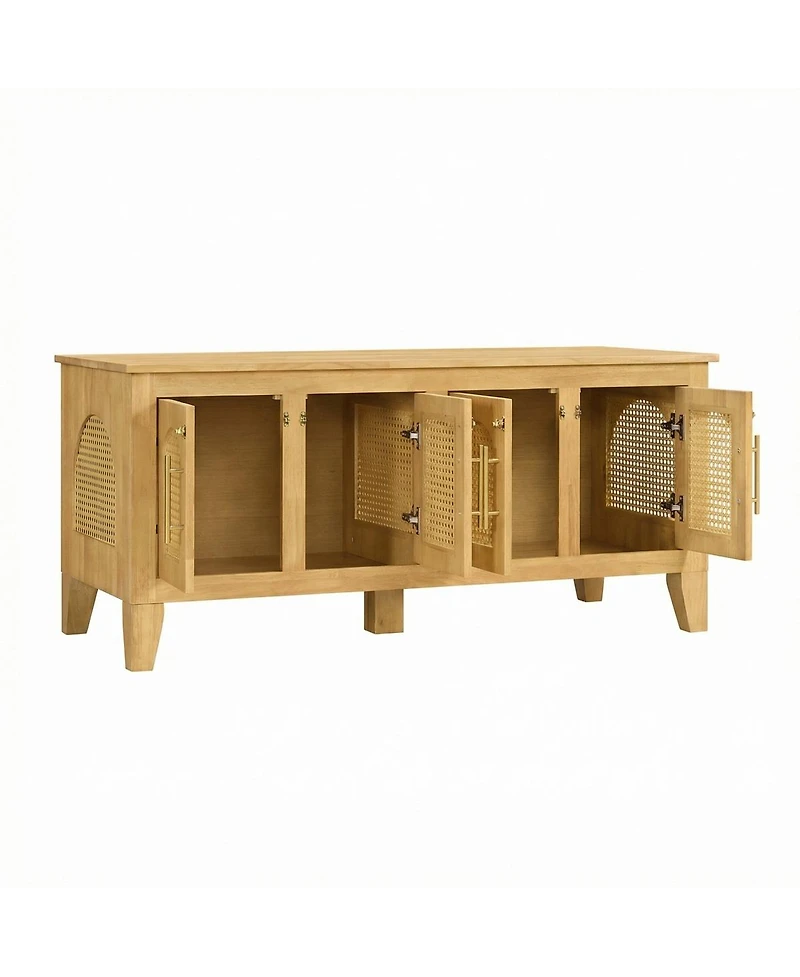 6thdruple Rattan Decor Dog Crate, Rubber Wood Cabinet Furniture with 4 Doors for Living Room