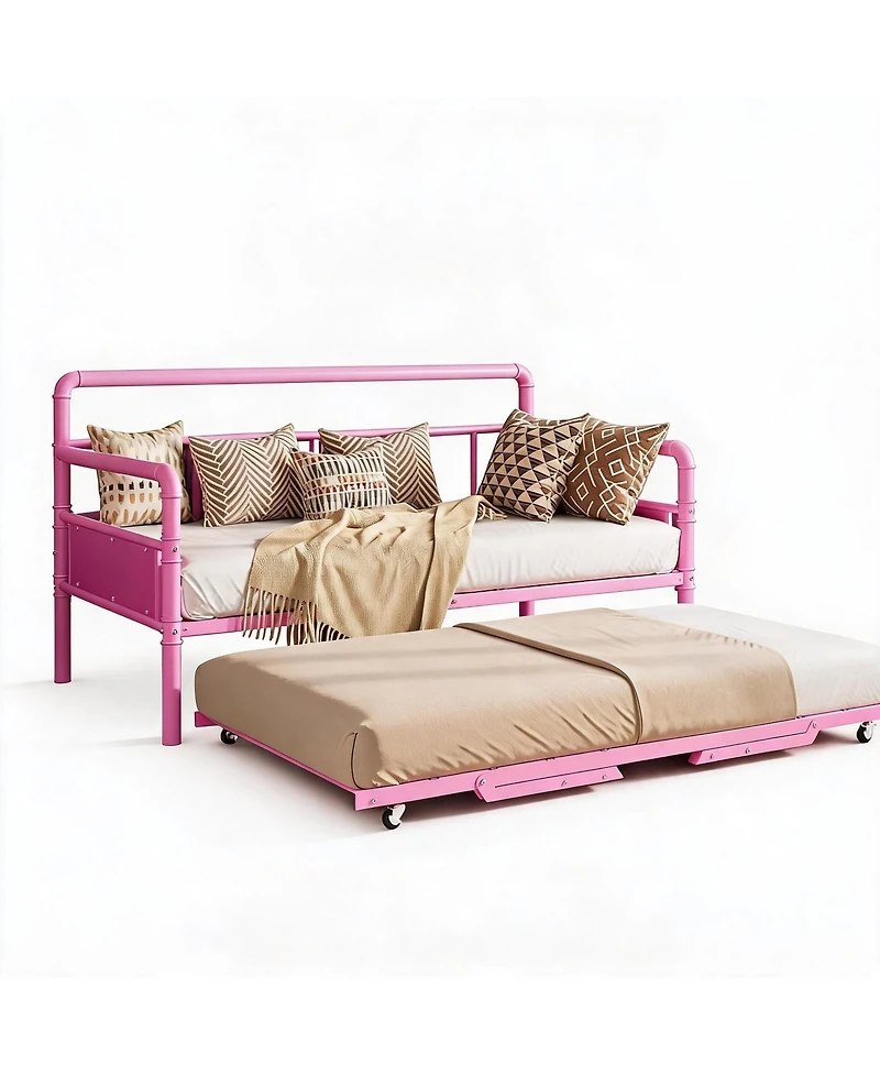 gaomon Twin Daybed with Foldable Metal Trundle, Heavy Duty Steel Slats Support, Sofa Bed Frame for Living Room or Guest Room, Noise Free