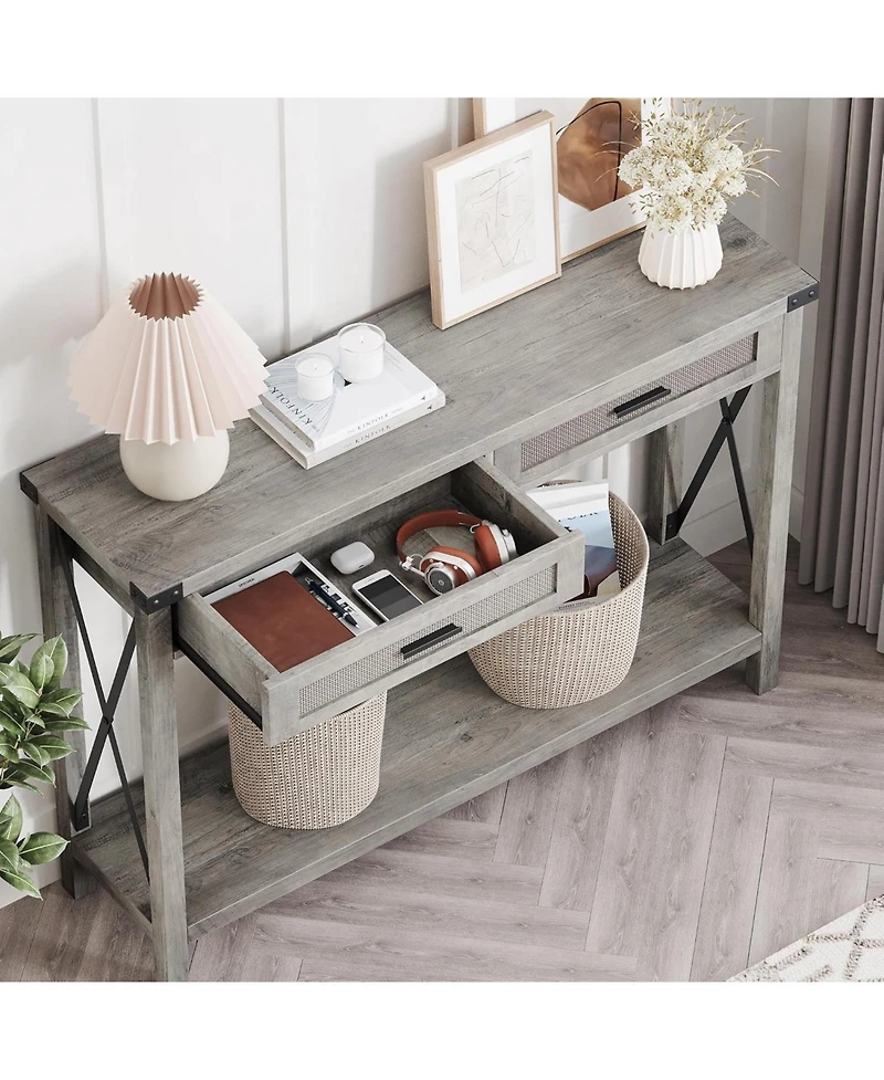 homfan 43" Burlywood and Grey Console Table with Rattan Drawers and Storage Shelf, Entryway Sofa Table