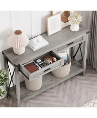 homfan 43" Burlywood and Grey Console Table with Rattan Drawers and Storage Shelf, Entryway Sofa Table