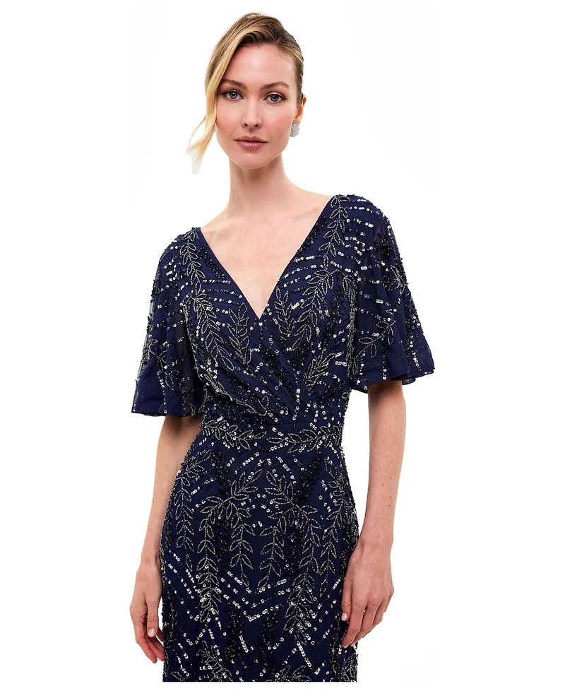 Beauut Women's Embellished Sequins Flutter Sleeves Midi Dress