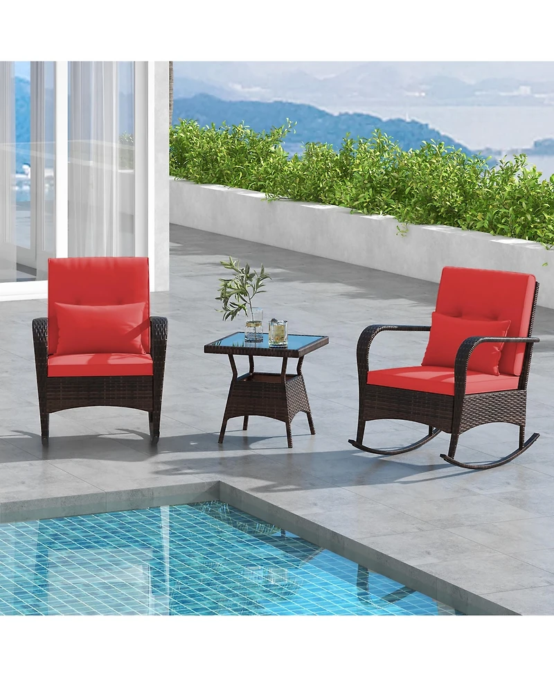 Gymax 3 Piece Outdoor Rocking Set Rattan Rocker Chairs w/ Tempered Glass Coffee Table
