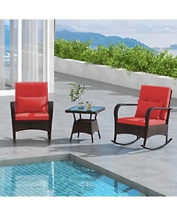 Gymax 3 Piece Outdoor Rocking Set Rattan Rocker Chairs w/ Tempered Glass Coffee Table