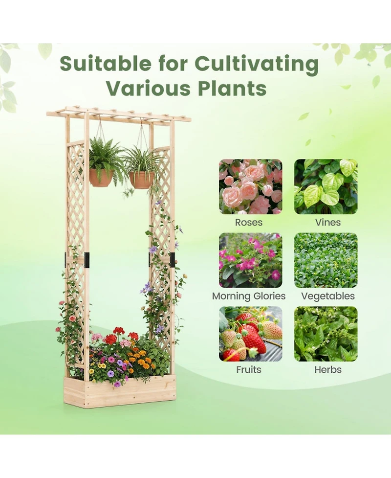 Sugift 89 in Tall Wooden Raised Garden Bed with Side Trellis Hanging Roof Drainage