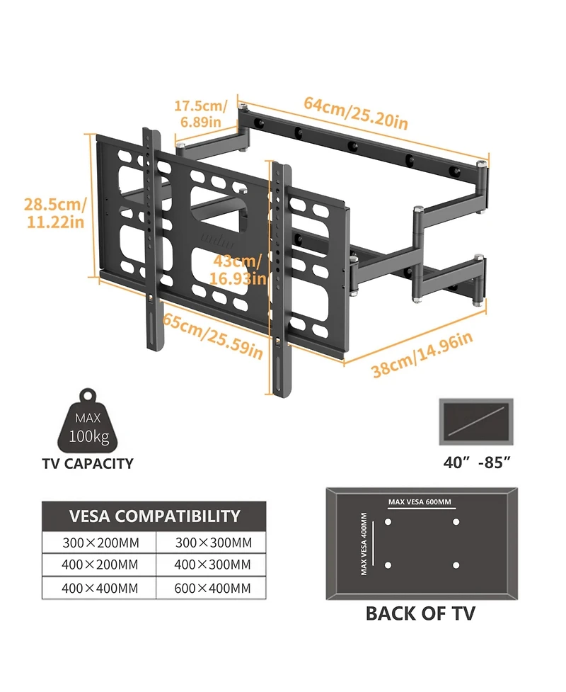 Unho Heavy Duty Full Motion Tv Wall Mount for 40-85 Inch Tvs Swivel TV Bracket Max Vesa 600x400mm up to 220 lbs