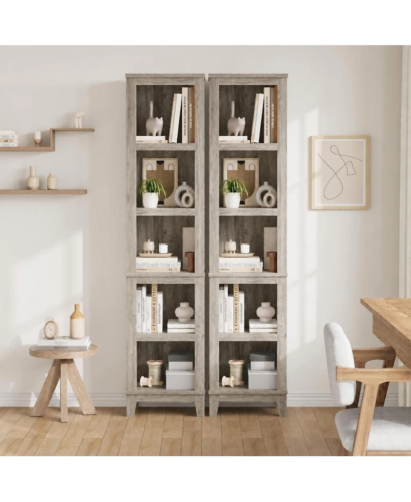 homfan 5-Tier Narrow Bookcase - 71" Tall Bookshelf with Adjustable Shelves and Wooden Legs, Farmhouse Shelf for Living Room or Office, Set of 2