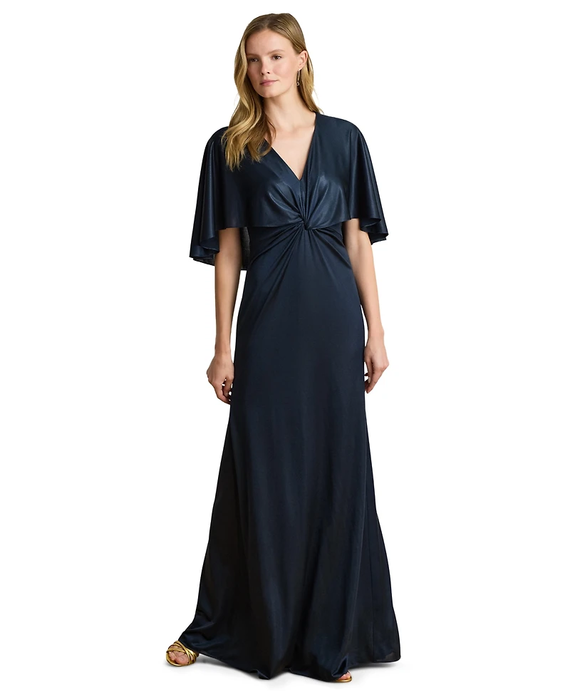 Lauren Ralph Women's Metallic Jersey Twist-Front Cape Gown