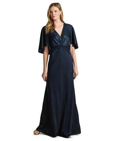 Lauren Ralph Women's Metallic Jersey Twist-Front Cape Gown