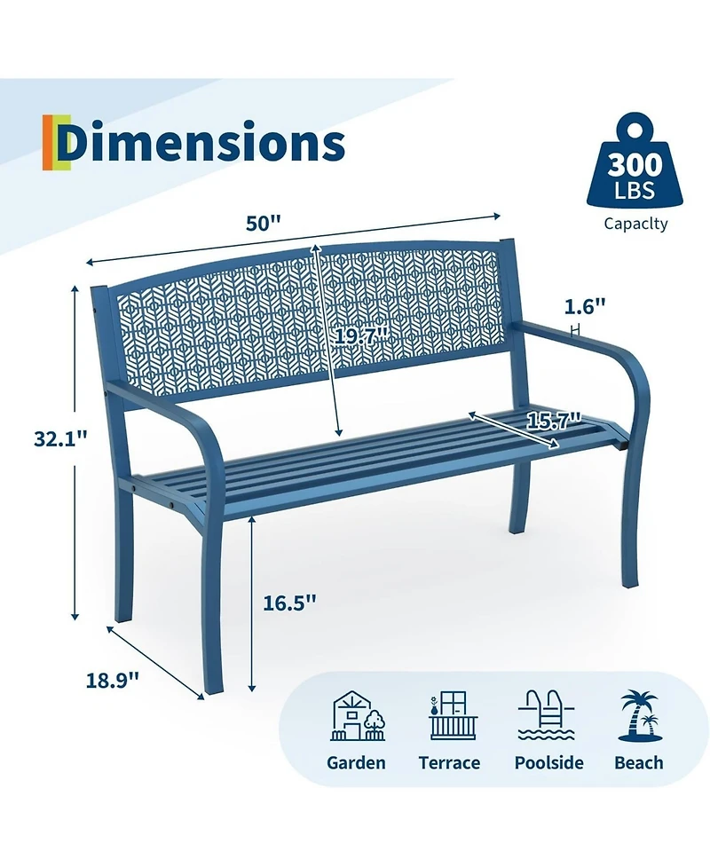 gaomon 50 Inch Metal Garden Bench Weather-Resistant Steel Patio Seat, Curved Spine-Friendly Backrest for Yard, Deck, Porch