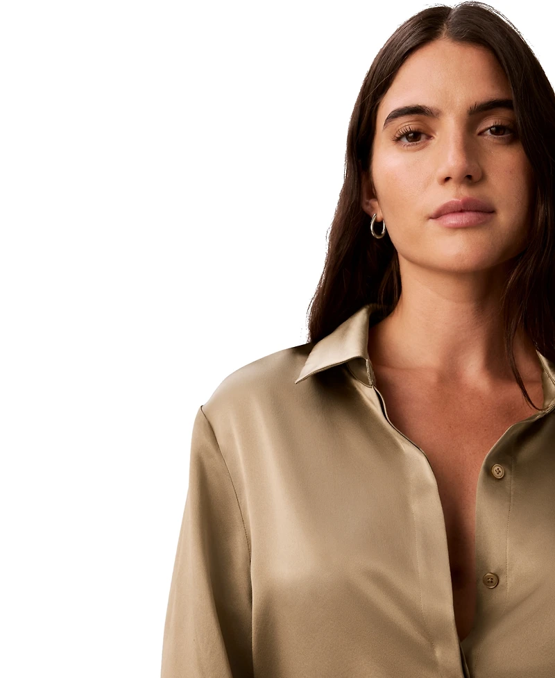 Calvin Klein Petite Pleated Long-Sleeve Button-Front Collared Shirt