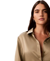 Calvin Klein Petite Pleated Long-Sleeve Button-Front Collared Shirt