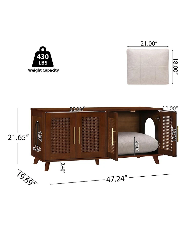 6thdruple Hidden Cat Cabinet, Modern Rubber Wood and Rattan Furniture with Cushion for Living Room