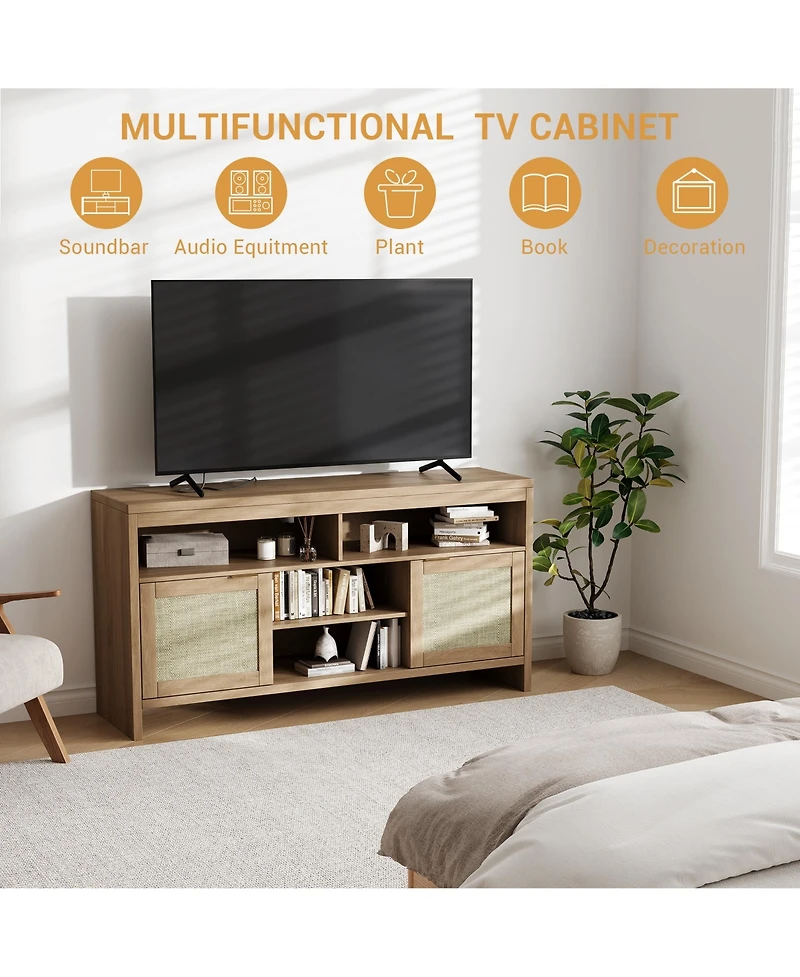 homfan Farmhouse Rattan Tv Console with Cable Management, Adjustable Shelves, Open and Enclosed Storage, Water-Resistant Top, Rustic Media Stand