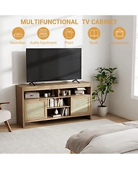 homfan Farmhouse Rattan Tv Console with Cable Management, Adjustable Shelves, Open and Enclosed Storage, Water-Resistant Top, Rustic Media Stand