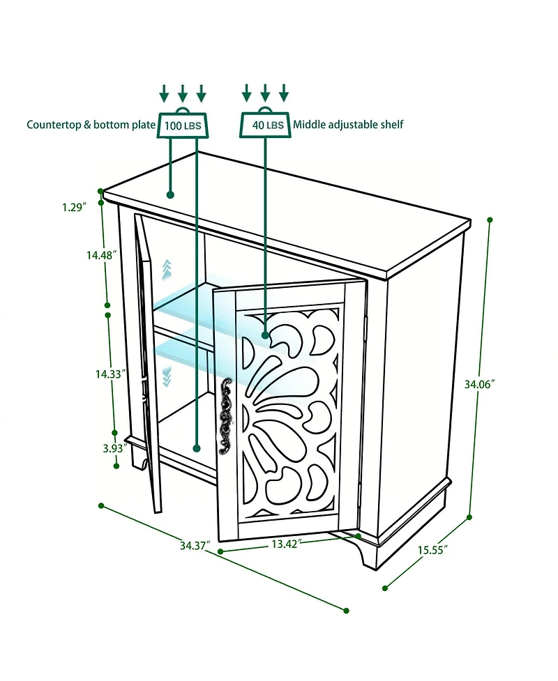 Clihome Acrylic Mirror Door Buffet Cabinet, Mdf Hollow-Carved Accent Cabinet Storage Sideboard with Adjustable Shelves