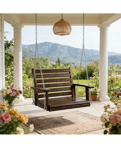 Innovaze 1-Seater Premium Solid Fir Wood Outdoor Porch Swing, Hanging Log Bench with 880 lbs Capacity