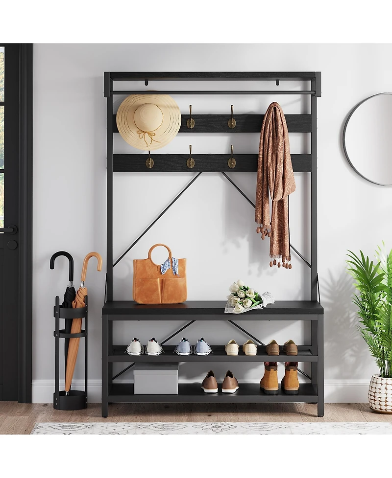 homfan Multifunctional Hall Tree Coat Rack, Heavy Duty Steel Wood Entryway Storage Bench with Hooks and Shelves