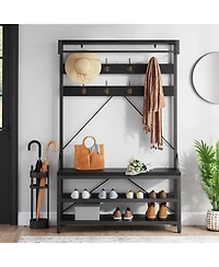 homfan Multifunctional Hall Tree Coat Rack, Heavy Duty Steel Wood Entryway Storage Bench with Hooks and Shelves
