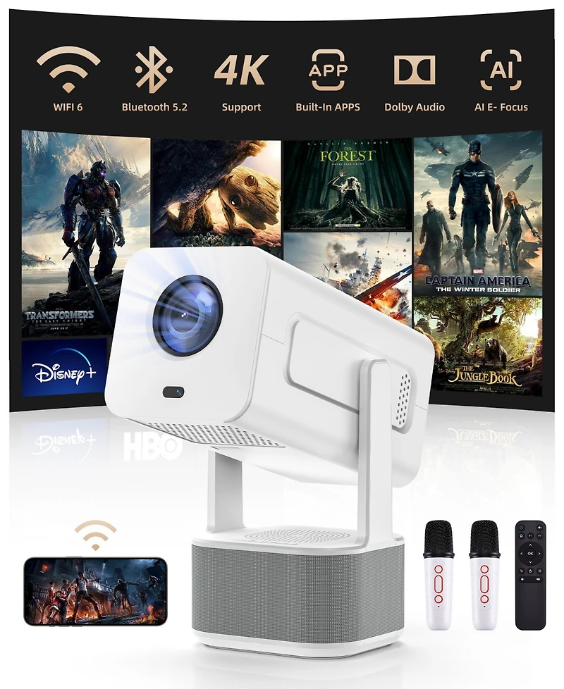 Sugift Mini Projector with WiFi 6 and Bluetooth 5.2 Built-in Apps for Bedroom Portable Projector Smart Keystone 1080P 4K Support with 2 Wireless Mics