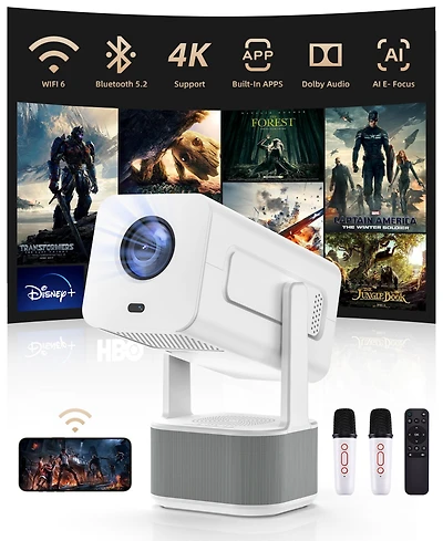 Sugift Mini Projector with WiFi 6 and Bluetooth 5.2 Built-in Apps for Bedroom Portable Projector Smart Keystone 1080P 4K Support with 2 Wireless Mics