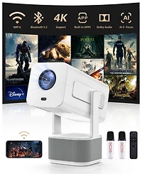 Sugift Mini Projector with WiFi 6 and Bluetooth 5.2 Built-in Apps for Bedroom Portable Projector Smart Keystone 1080P 4K Support with 2 Wireless Mics