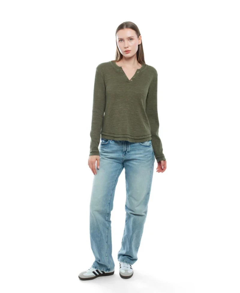 Wilt Women's Long Sleeve Henley Mock Tee